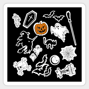 Halloween pattern, pumpkin, witch, skull, ghost, coffin, bats, moon, skeleton, horror stickers Magnet